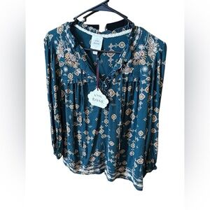 Knox Rose Teal Blue Floral Boho Blouse- Medium